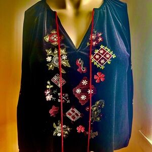 Zara Black Velvet Blouse with Multicolor Embroidery